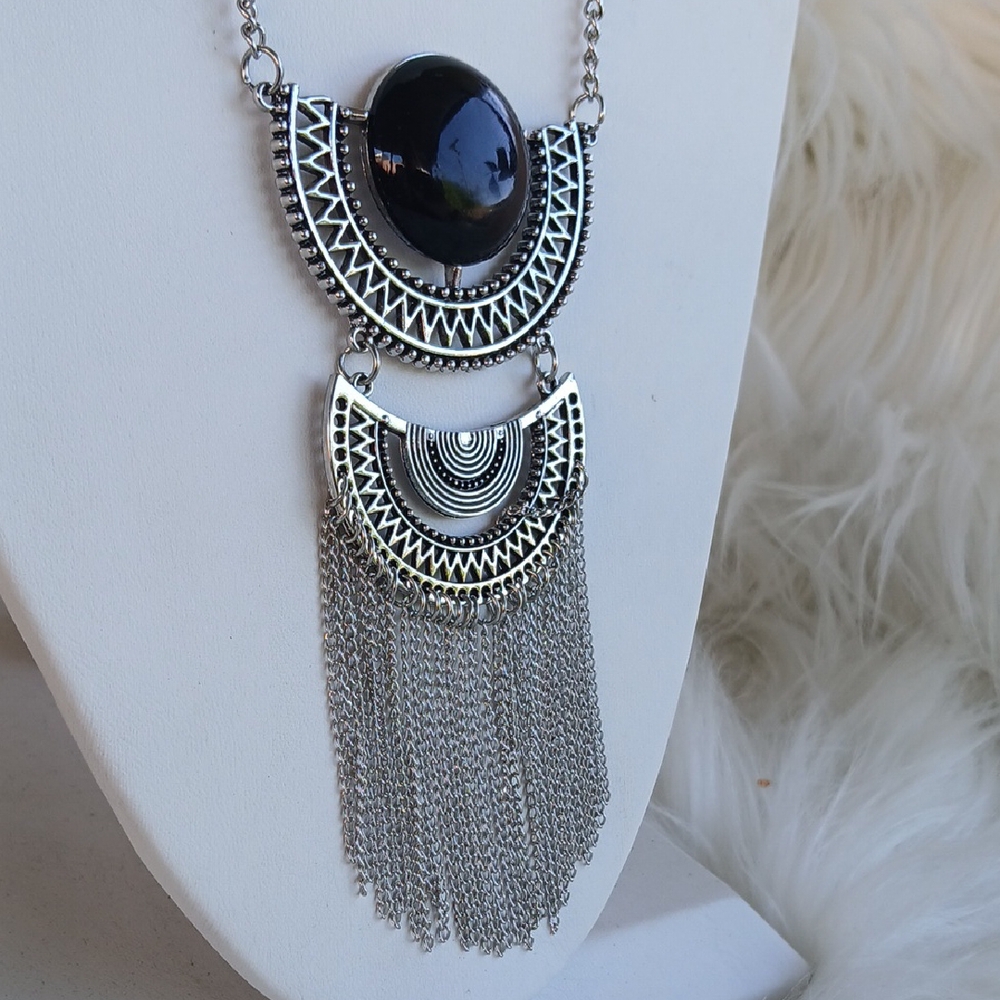 Paparazzi Silver and Black Necklace with Cascading Fringe - Picture 3 of 12